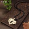 New Enamel Color Love Lock Leather Rope Long Pendant, Women's Exaggerated Hollow Heart-shaped Leather Rope Long Necklace