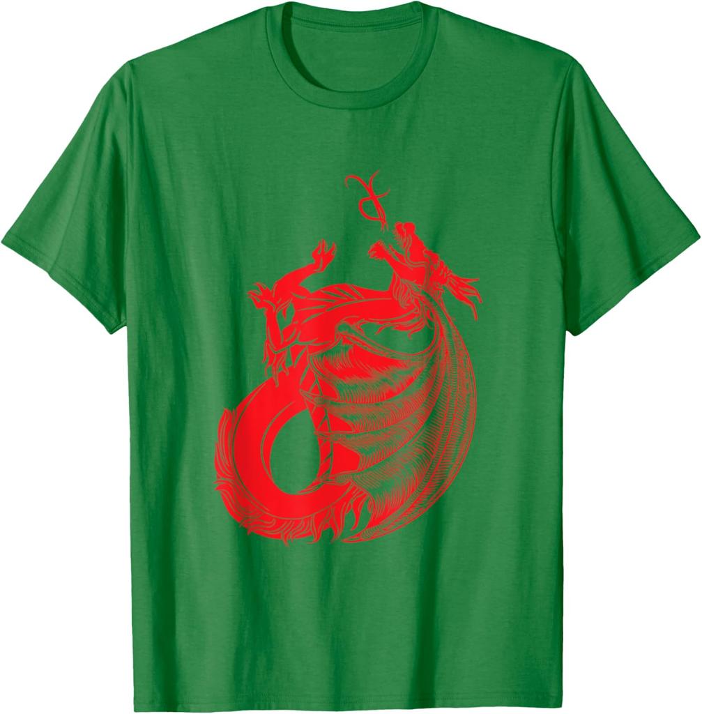 Red Mythical Dragon Graphic Print Cotton Crew Neck TShirt Casual Short Sleeve Tee for Men