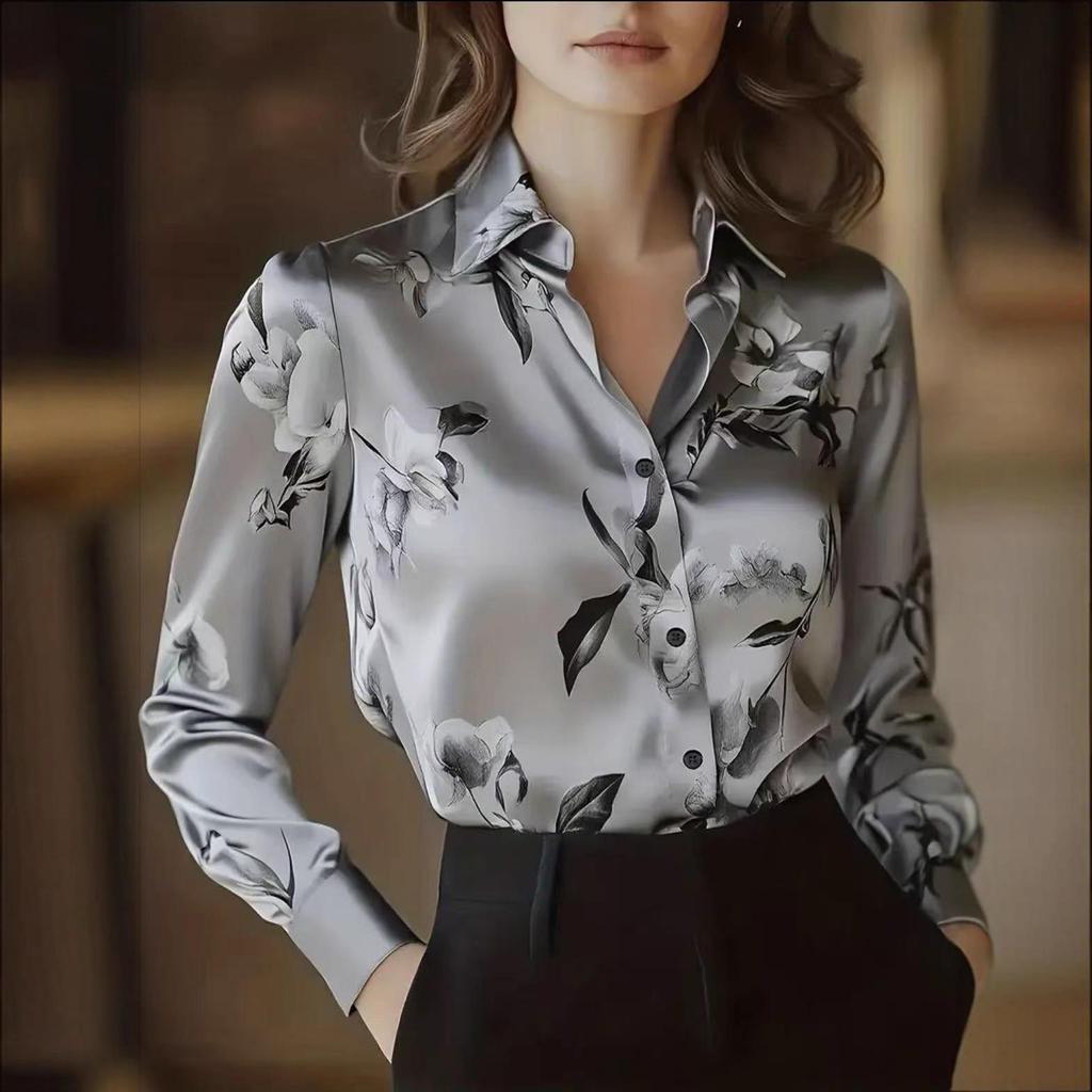 Elegant Retro French Oil Painting Long Sleeve Women's Shirt, 2025 European and American Design