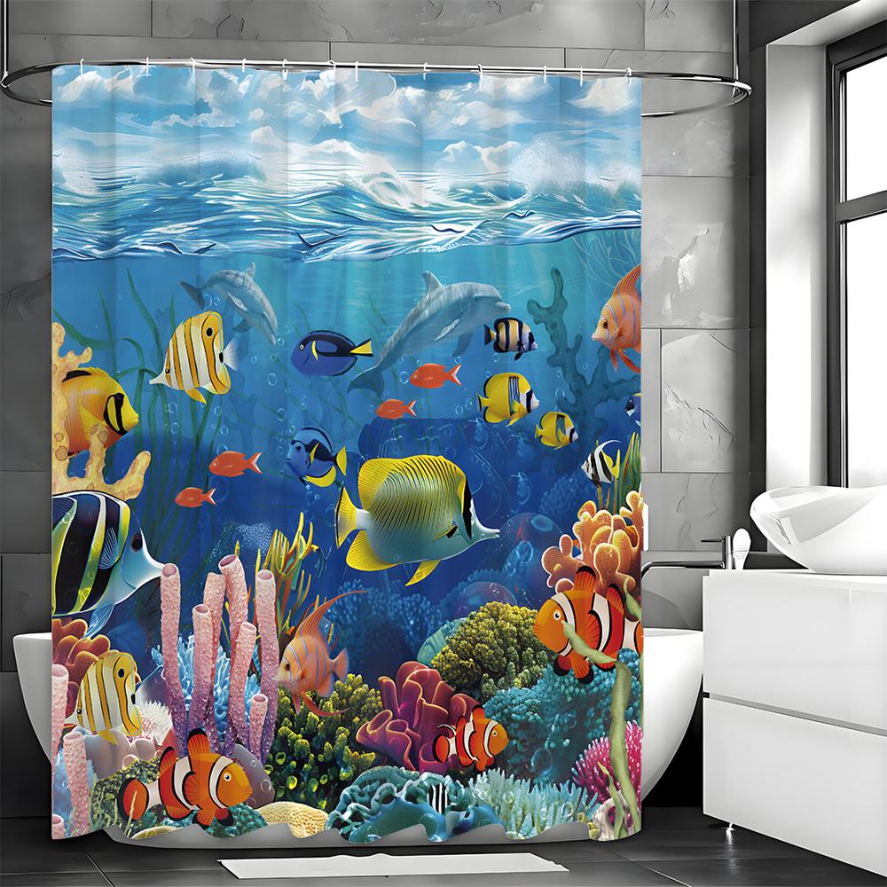 Undervattensvärld Tropiska Fiskar Korall Sjögräs Duschdraperi, Dekorativt Duschdraperi för Badrum, Vattentätt Duschdraperi med