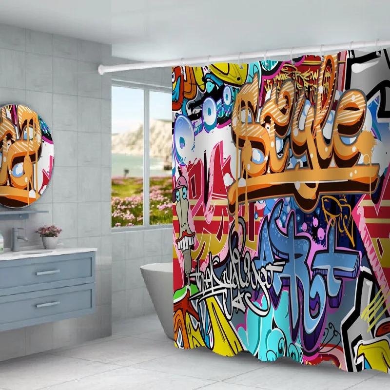 Funny Graffiti Anime Shower Curtains for Children 3D Print Bath Screen Decor Waterproof Polyester Fabric Bath Curtain with Hook