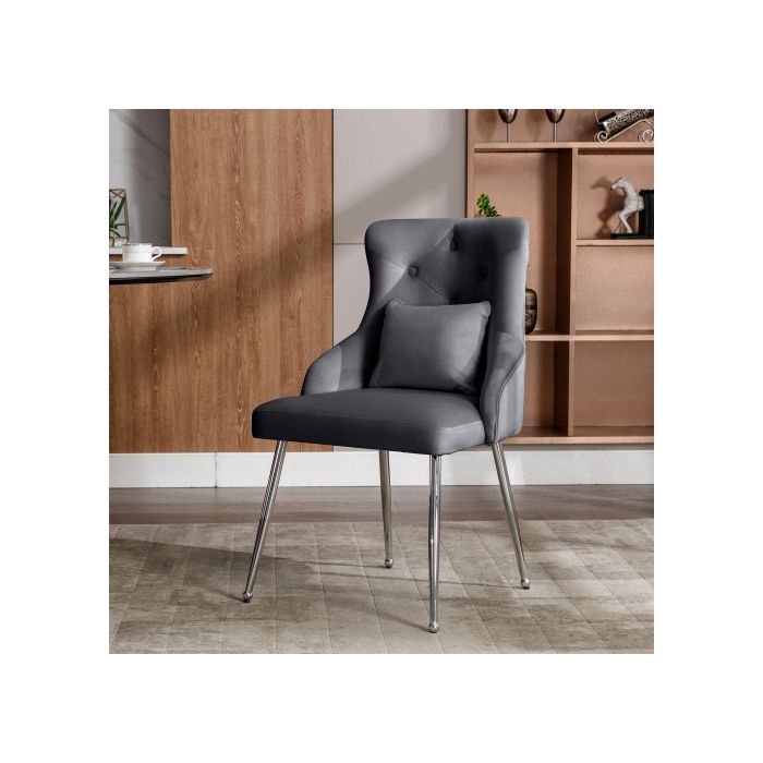 Chaise de salle à manger avec boutons, Chaise de salon moderne, Chaise de salon de chambre avec coussin lombaire, Gris
