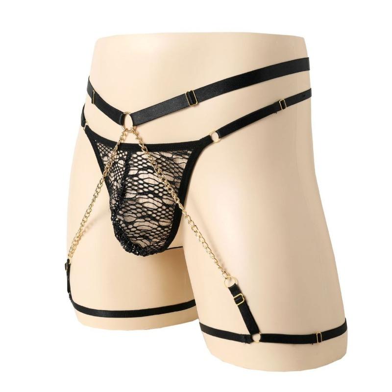 Sissy Lingerie Men'S Sexy Lace Garter Panties Waist Adjustable Chain G-String Perspective Crossdressing T-Back Jockstrap Thong