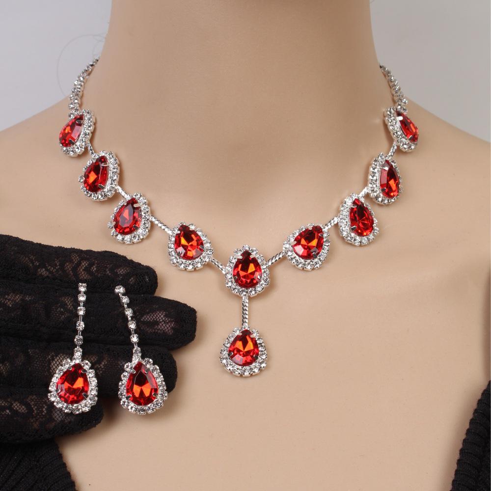 European & American Fashion Colored Diamond Teardrop Necklace & Earrings Set - Bridal Jewelry