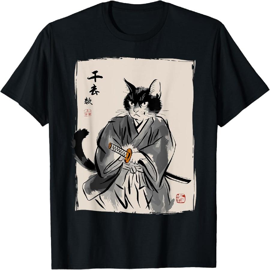 

Samurai Cat Vintage Ukiyo-e Warrior Art Graphic Cat T-Shirt for Men Women Kids XXXXXL чорний