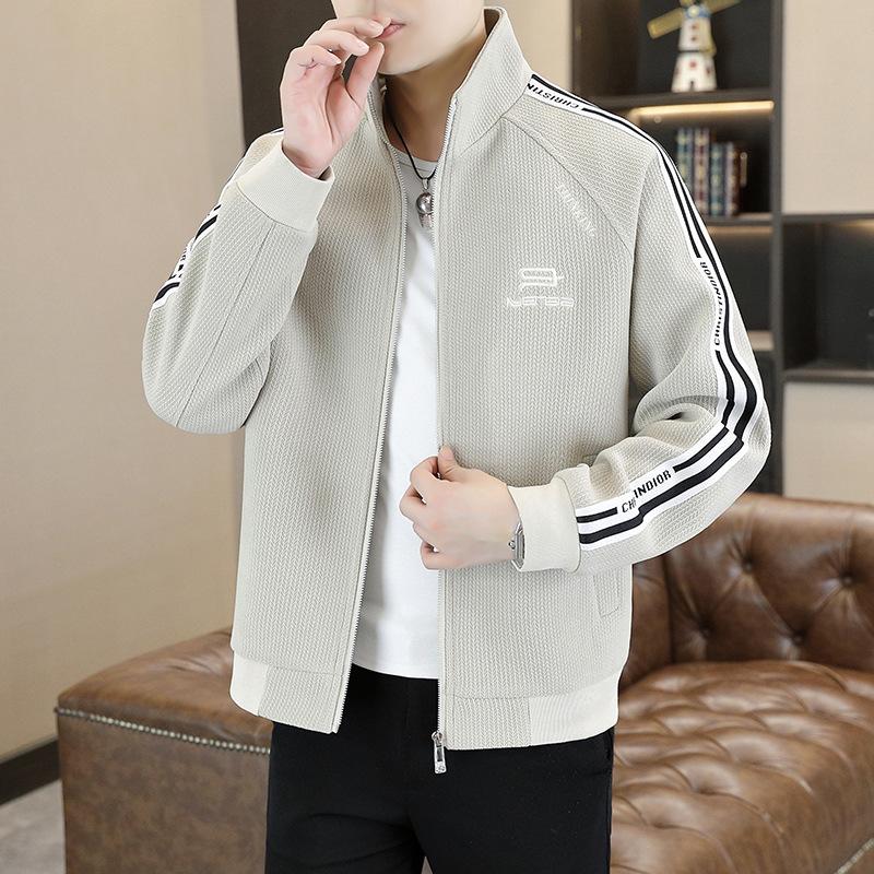 Autumn and Winter Men's Jacket Embroidered Vertical Striped Stand Collar Top for Young Korean Style Slim and Fashionable Versatile Casual Jacket