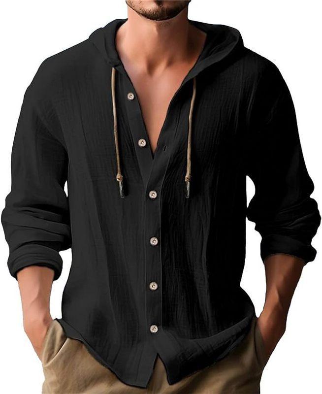 American Linen Men's Shirt, Fashionable and Casual Summer Breathable Thin Hooded Short-sleeved Cardigan Jacket