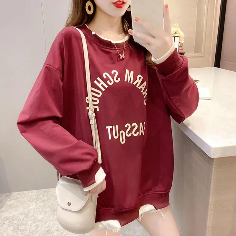 Cotton Sweatshirt Women Autumn Spring Large Size Loose Mid-Length Round Neck Sweatshirt Casual Versatile Long Sleeve Tops
