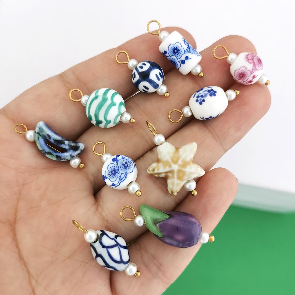 1pc Ceramics Pendant Charm Fish Heart Flower Conch Star Fruits Necklace Stainless Steel Geometric Imitation Pearl