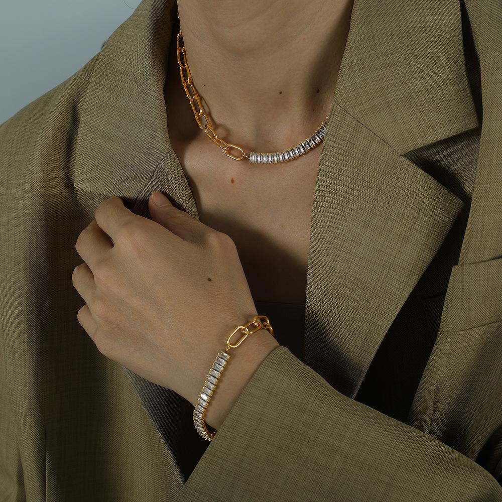 South Korea Dongdaemun cold wind design zircon splicing necklace bracelet earrings set simple