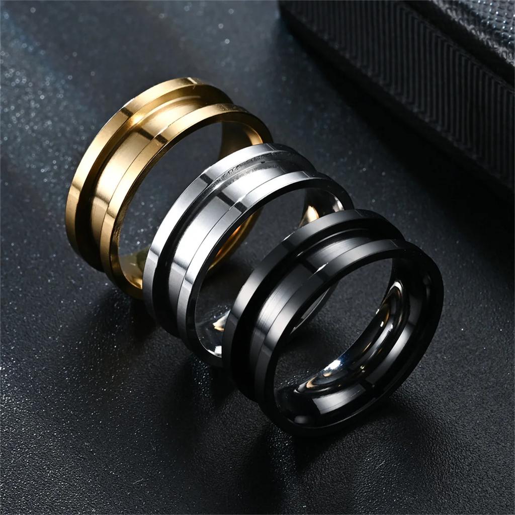 Cool Men's 8mm Black Titanium Wedding Band Rings Double Minimalist Black Groove Beveled Edge Stainless Steel Engagement Ring Men
