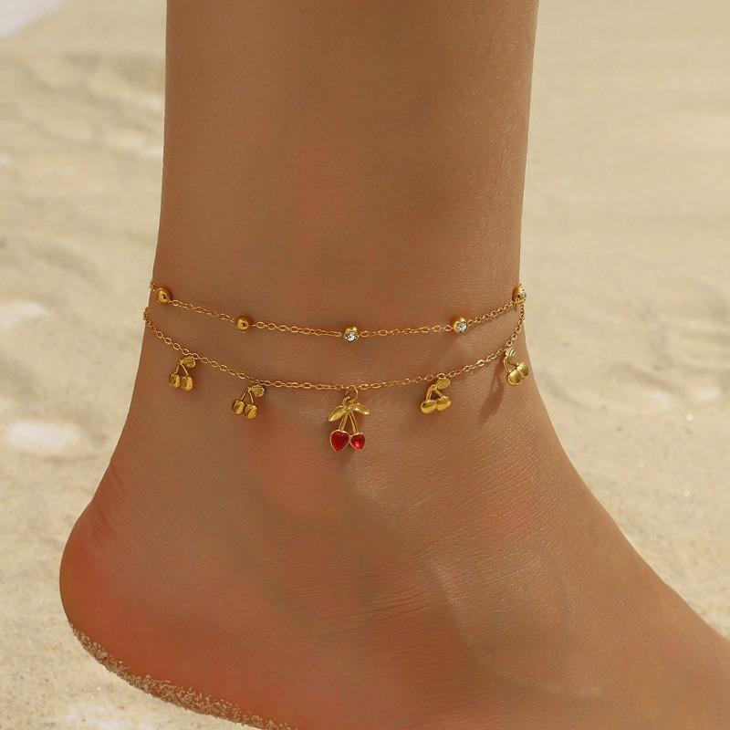 Double Layer Gold Cherry Charm Anklet with Zircon