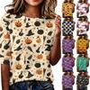 Women Casual Loose Fit Short Sleeve T Shirt Round Neck Lightweight Halloween Pumpkin Web Pattern Top