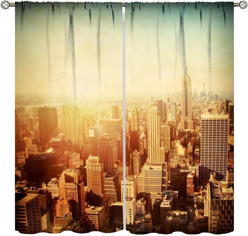 City Skyline Curtains Midnight Cityscape Purple Urban Starry Sky Printed Bedroom Living Room Window Drapes Curtain With Light Blocking Polyester