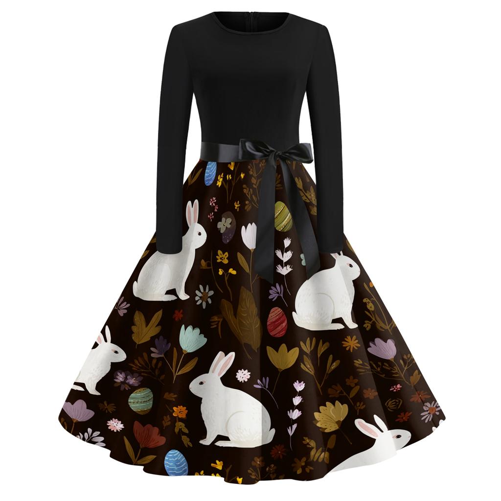 Damen Casual Mode Rundhals Karneval Bedrucktes Vintage Kleid