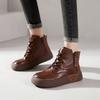 First Layer Cowhide Short Boots Women's Autumn and Winter Short Tube Flat Bottom Casual Retro British Round Head Lace-up Double Zipper Women's Leat