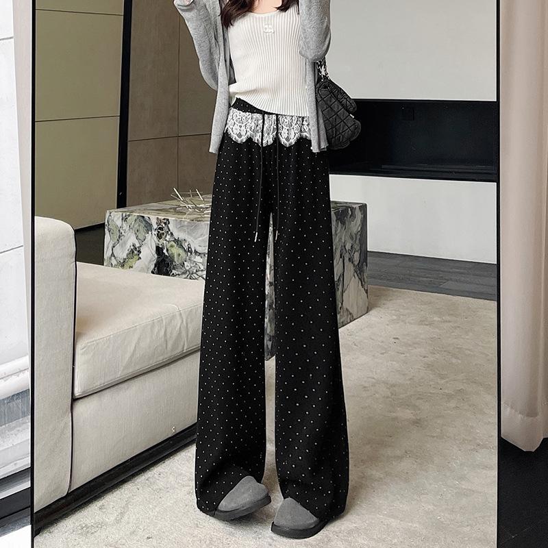 Women's Black Polka Dot Lace Trim Wide-Leg High-Waist Sporty Sweatpants (2025)
