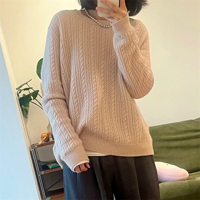 Women's 2025 Autumn Winter 100% Wool Round Neck Hollow Out Long Sleeve Loose Short Sweater Coat