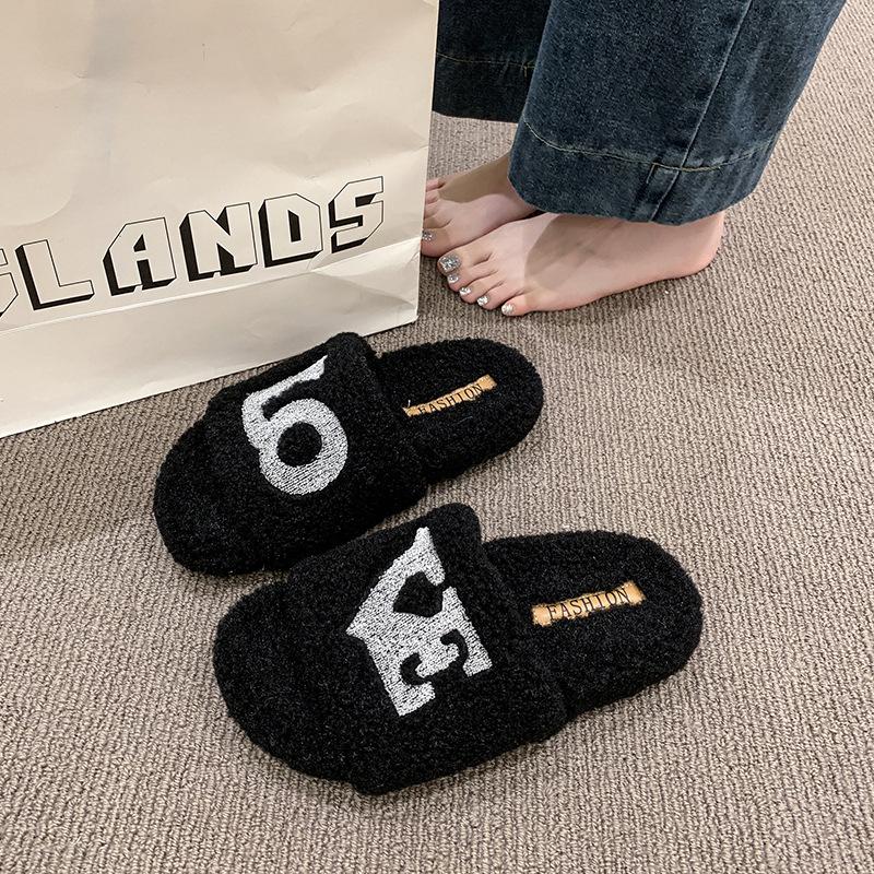 Fashionable letters wear thick-soled fluffy slippers 2025 new suede one-word drag autumn and winter warm cotton drag women's shoes