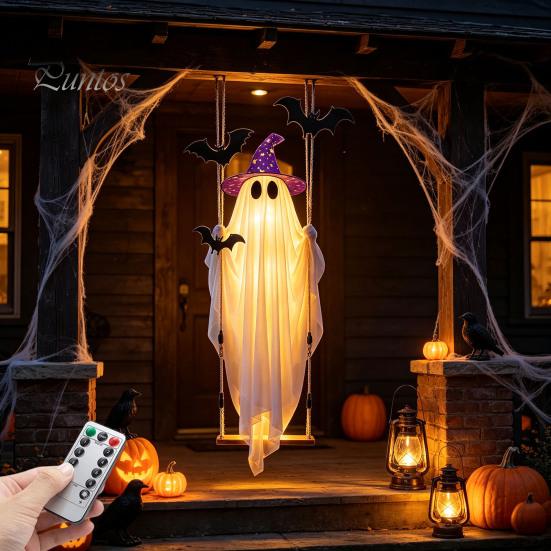 Gruselige Halloween-Außendekorationen Schwingender Geister-Hängeornament mit LED-Lichterkette zur Dekoration, Verstellbare Dekoration Süßes oder Saures Leuchtendes Ornament