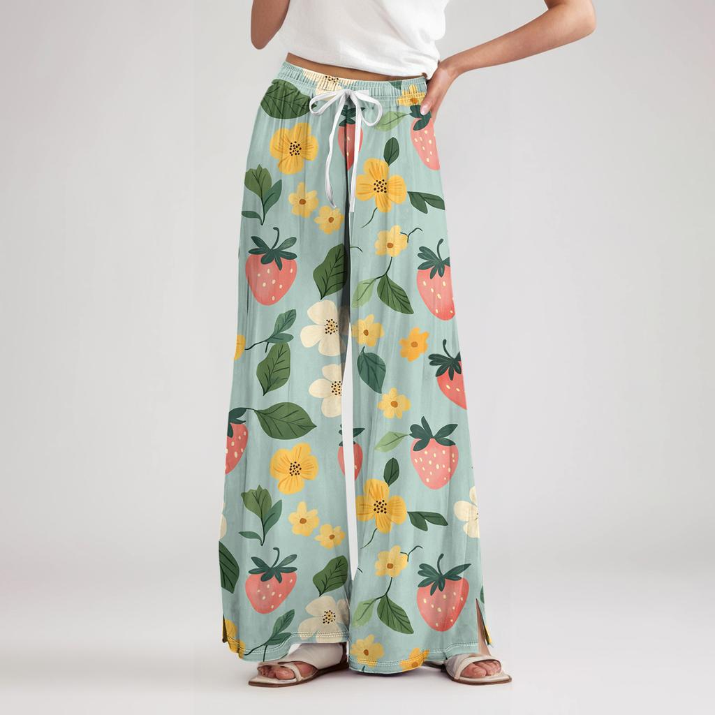Women's Loose Casual Floral Print Wide Leg Pants With Elastic Waist Drawstring And Pocket Pants