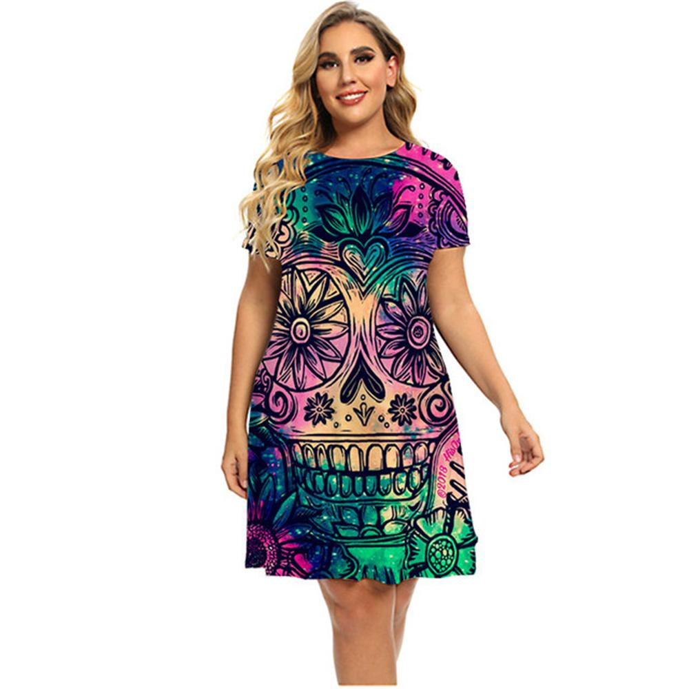 Slim Women's Dress Short Sleeve Skull Digital 3D Print Fashion V-Neck Women Clothes Summer Sexy Solid Color Casual A-line Dress
