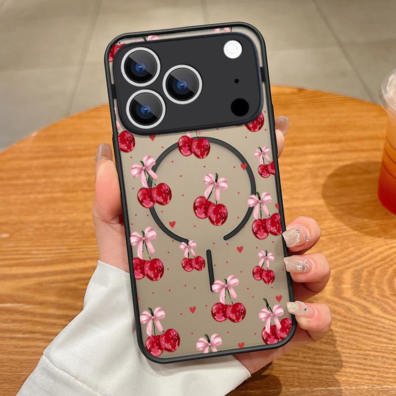 Cherry Bowknots Print Case For iPhone 17 Pro Max Case iPhone 16 15 14 13 Pro Max 17E Magnetic For Magsafe Thin Ring Hybrid TPU+PC Matte Cover