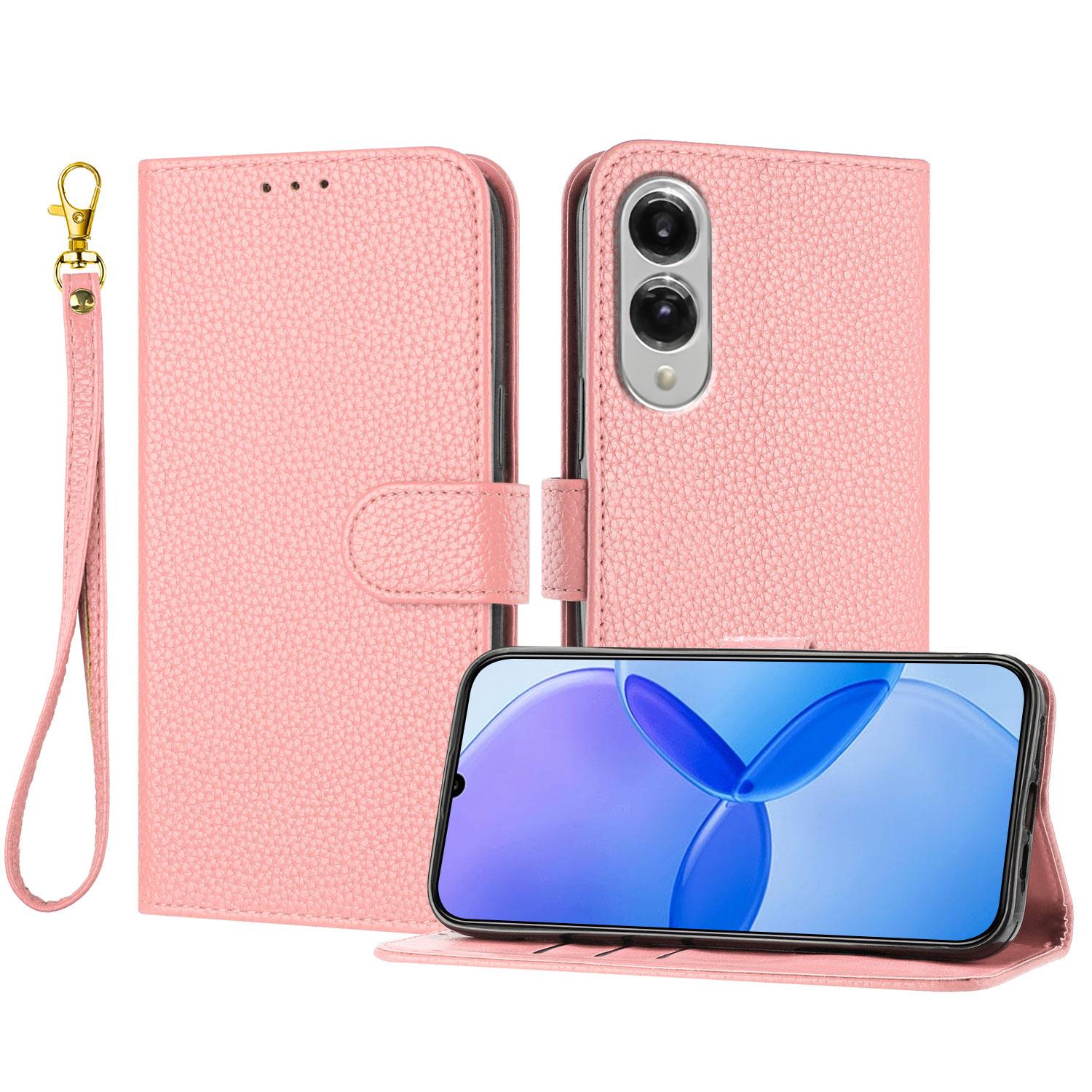 

For Samsung Galaxy S25 Edge Leather Case Litchi Texture Wallet Stand Anti Drop Phone Cover with Wrist Strap Pink