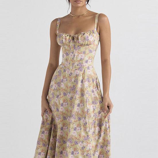 Ladies Dress Low-cut Backless Sleeve Flower Print High Tight Waist High Split Summer Midi Dress Party Prom Beach Dress