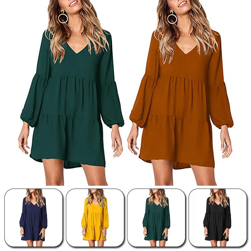Buy Women Solid Color Dresses Autumn Winter V-Neck Long Sleeve Fashion ...