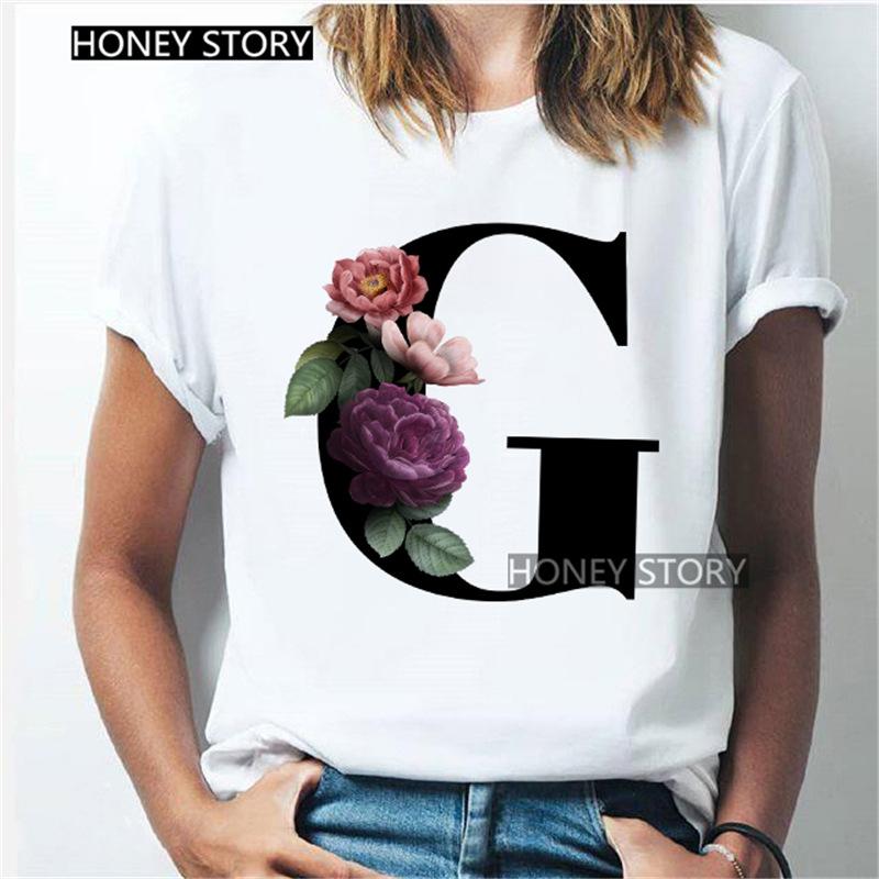 Kawaii English Alphabet Flowers Graphics Female T-Shirt 90S Summer Loose Short Sleeve Round Neck Female Tops Clothing