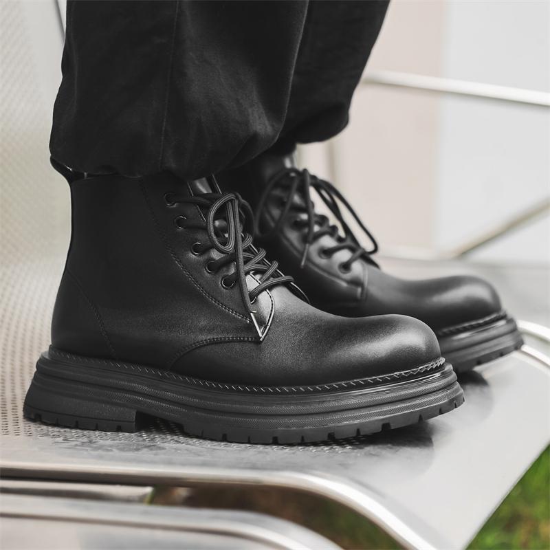Hight Quality Classic British Street Style Leather Boots For Men Solid Black Hombre Daily Casual Dress Height Increasing Shoes