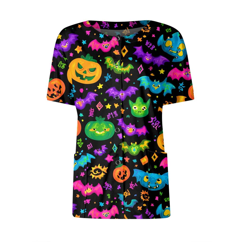 Women's Short Sleeved Patterned Pockets, Work Print Stand Up Collar, Single Breasted Protective Clothing, Cardigan Jacket, Top