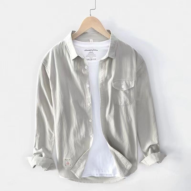 Frühling und Herbst Sommer Neue Mode Einfarbiges Herrenhemd Trendmarke Langarm Lässig Vielseitiges Oberteil
