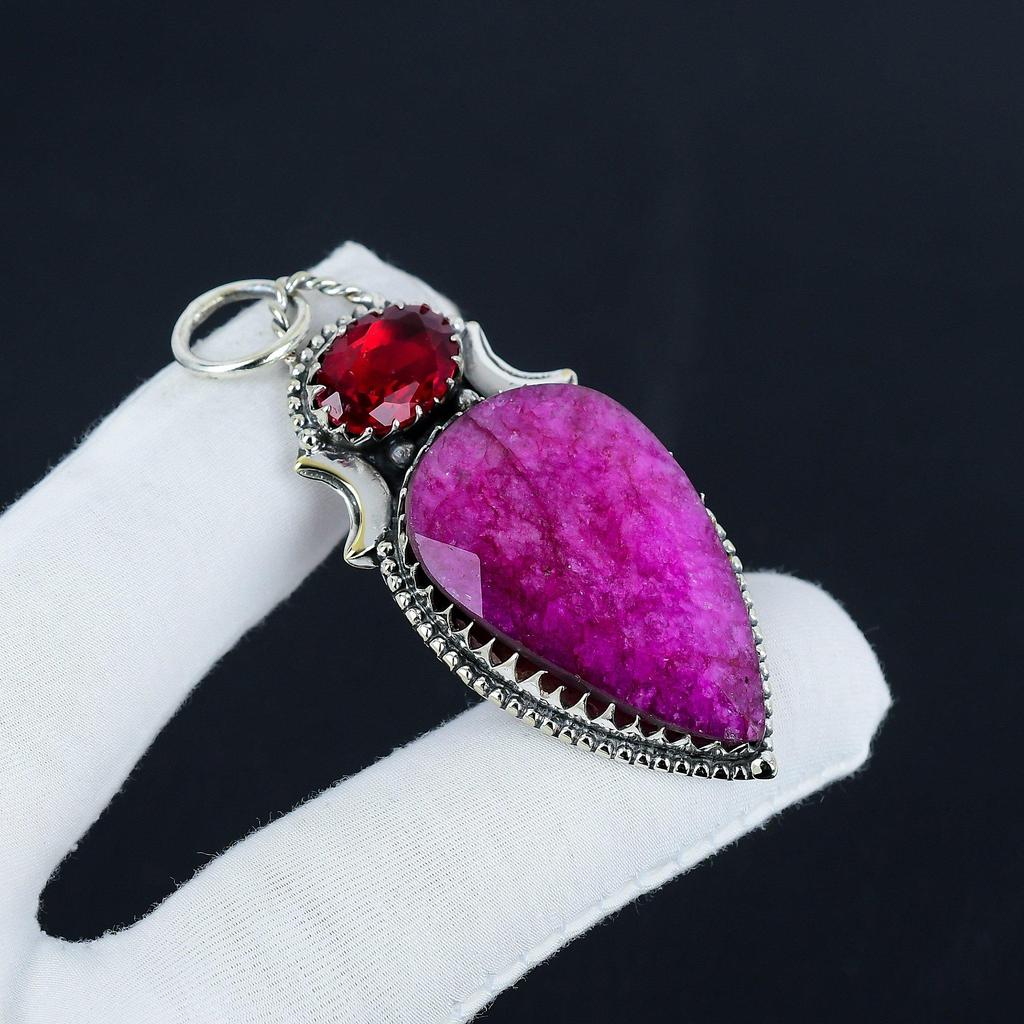 Dainty Kashmir Ruby, Garnet Gemstone Silver Pendant in 925 Sterling Silver - Handmade Design, Everyday Wear Jewelry Easter Gift