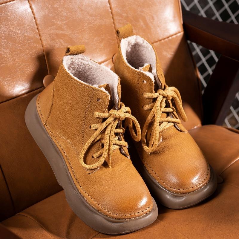 Retro kožené sametové kotníkové boty pro dámský podzim a zimu nové ručně vyráběné bavlněné a lněné větrné široká hlava šněrovací první vrstva hovězí kůže dámské boty