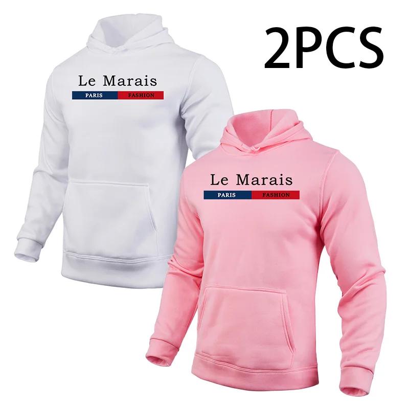 2pcs Hoodies Male Autumn Winter Hooded Long Sleeve Pullover Urban Casual Fashion Hoody Top Home Outdoor Comfort Warm Sweatshirts