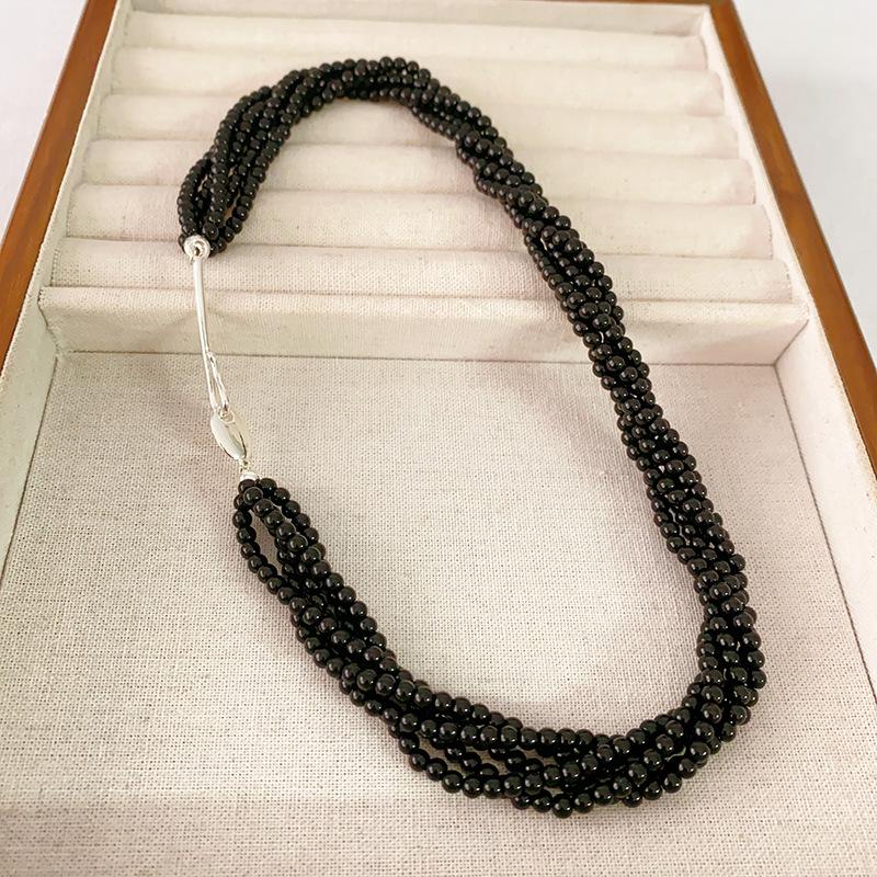 Meier Multi-layered black onyx & white crystal beaded choker necklace - layered, unique, high-end, minimalist style