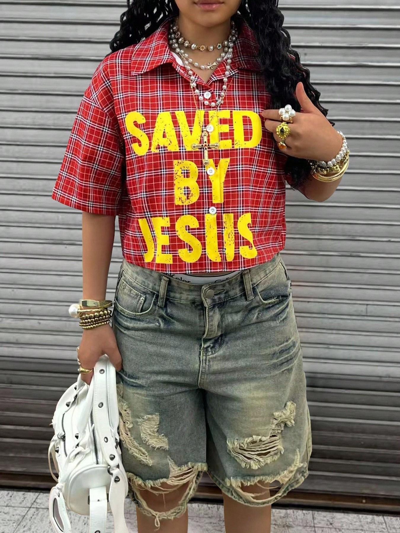 Womens Short Sleeve Plaid Cropped Button Up Shirt With Letter Print S красный