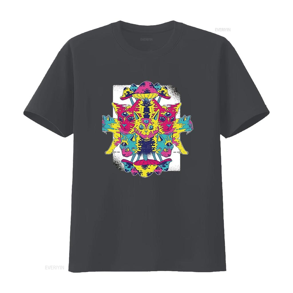 Herren Ideen für Katzenliebhaber Psychedelische Kätzchen und Pilze Design Schwarz Mehrfarbig T-Shirt vintage Gewaschen Dehnbar Stilvoll