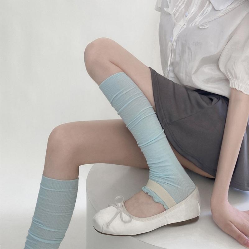 Women Spring Summer Sweet Ruffled Trim Calf Socks Leg Cover Japanese Style Frilly Slouch Socks Thin Middle Tube Stocking