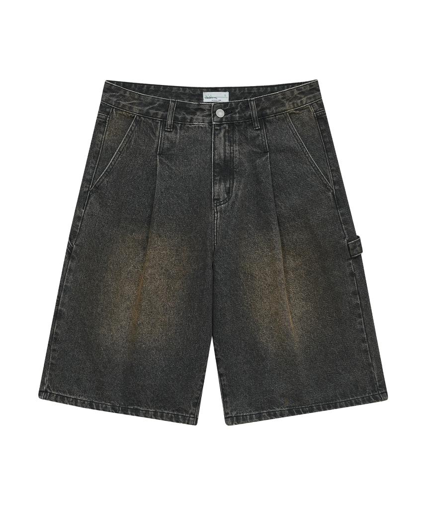 STANDARDERROR 87-Stan110 [Newtro] Minimal Washed Pintuck Bermuda Denim Pants Vintage Black