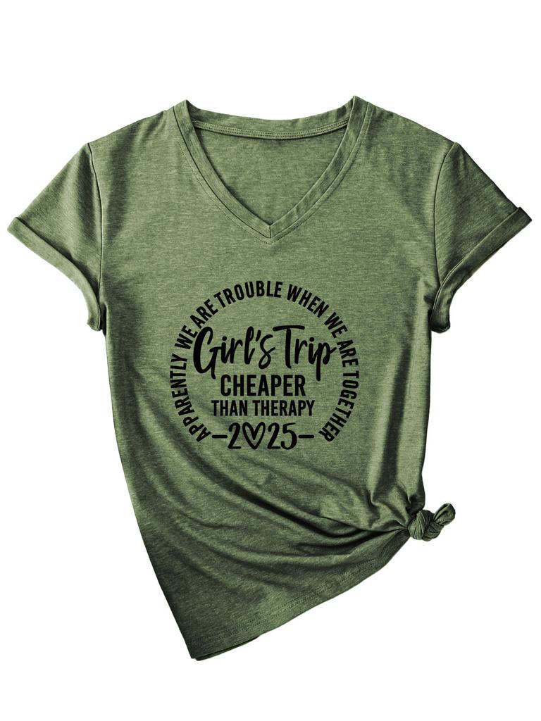 Inspirational Text Printed Top Loose Casual Simple V-neck Short Sleeved Women's T-shirts