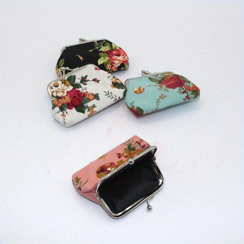 1pc Kiss Lock Coin Purse, Women's Stylish Small Canvas Floral Pattern Storage Bag Ofr Keys & Lipstick