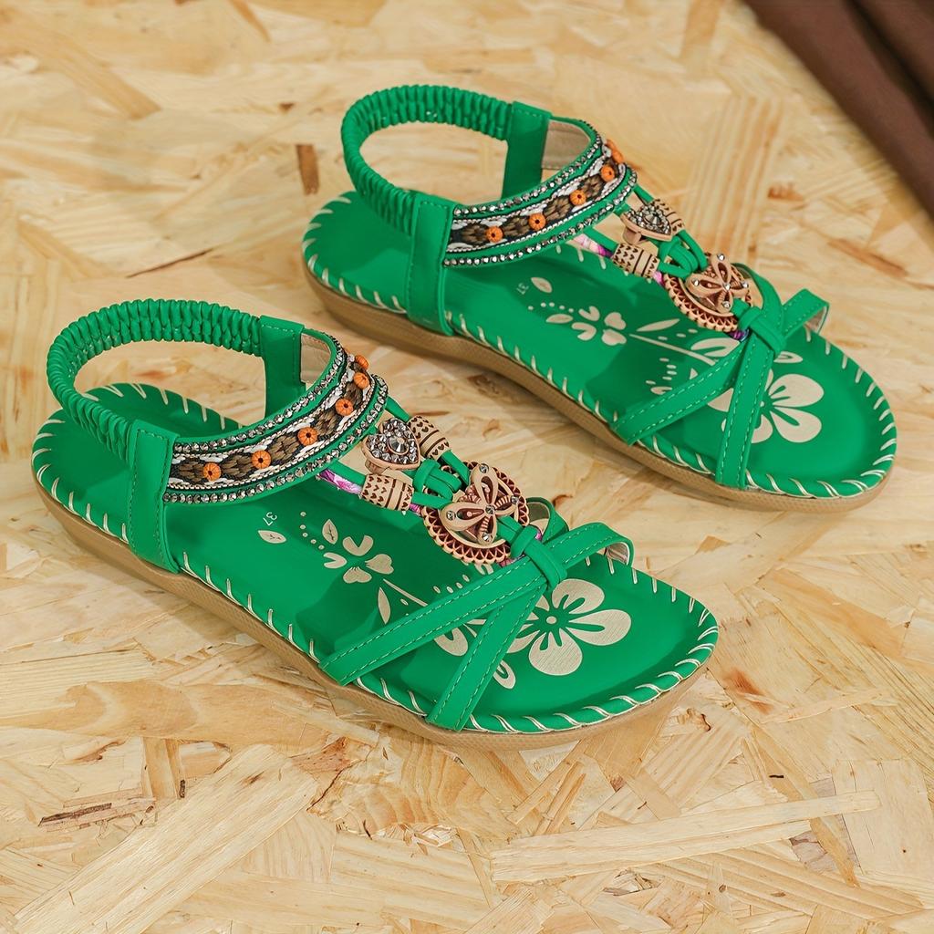 Fashion Bohemian Spring 2025 New Large Size Flat Flower Rhinestone Sandals Open-toed Beach Ladies Sandals