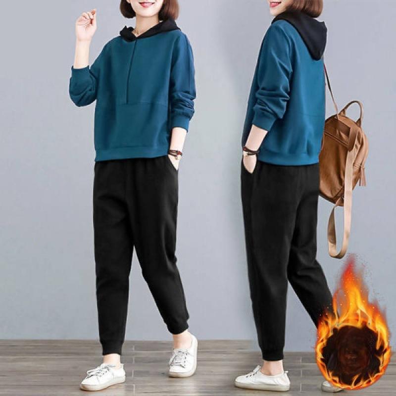 Samt Verdickt Lässig Sportbekleidung Anzug Damen Herbst und Winter Locker Mit Kapuze Locker Große Größe Sweatshirt Zweiteiliges Set