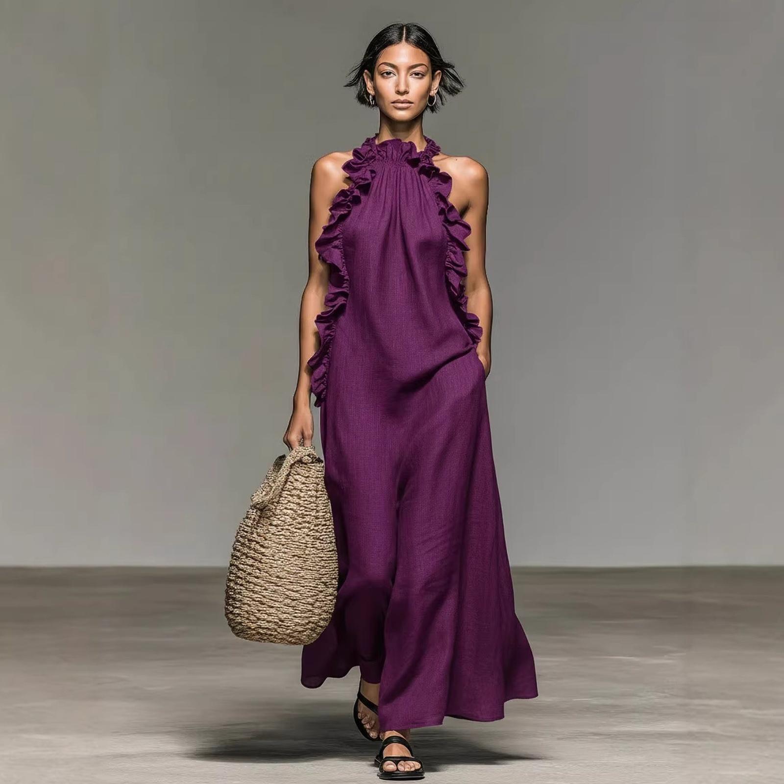 

Sleeveless Ruffled Neck Maxi Dress Loose Fit Long Dress Lightweight Flowing Fabric Summer Style for Women XL фиолетовый