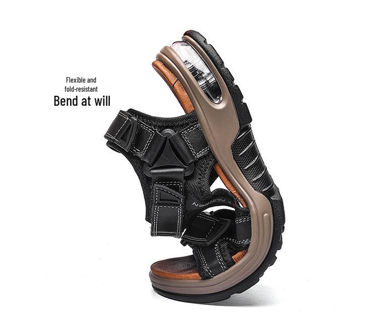 Men's Casual Genuine Leather Open-Toe Beach Sandals with Air Cushion - Lightweight and Plus Size for Outdoor Activities.