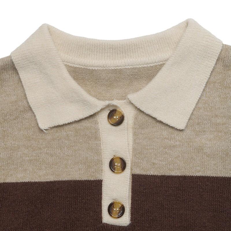 Womens Winter Long Sleeve Knit Polo Sweater Loose Fit Coffee Brown Striped Casual Korean Style