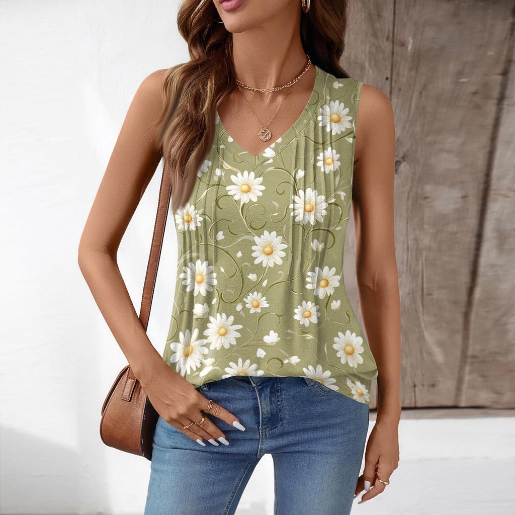 Damen Locker geschnittenes ärmelloses Tanktop mit V-Ausschnitt und plissiertem Blumendruck, lässige leichte Sommerweste, Hemdbluse